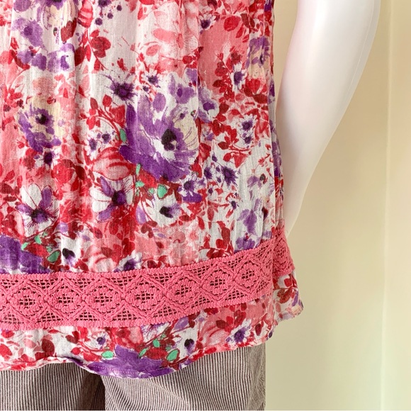 pink purple floral print cap short sleeve blouse with tassels - Picture 11 of 16
